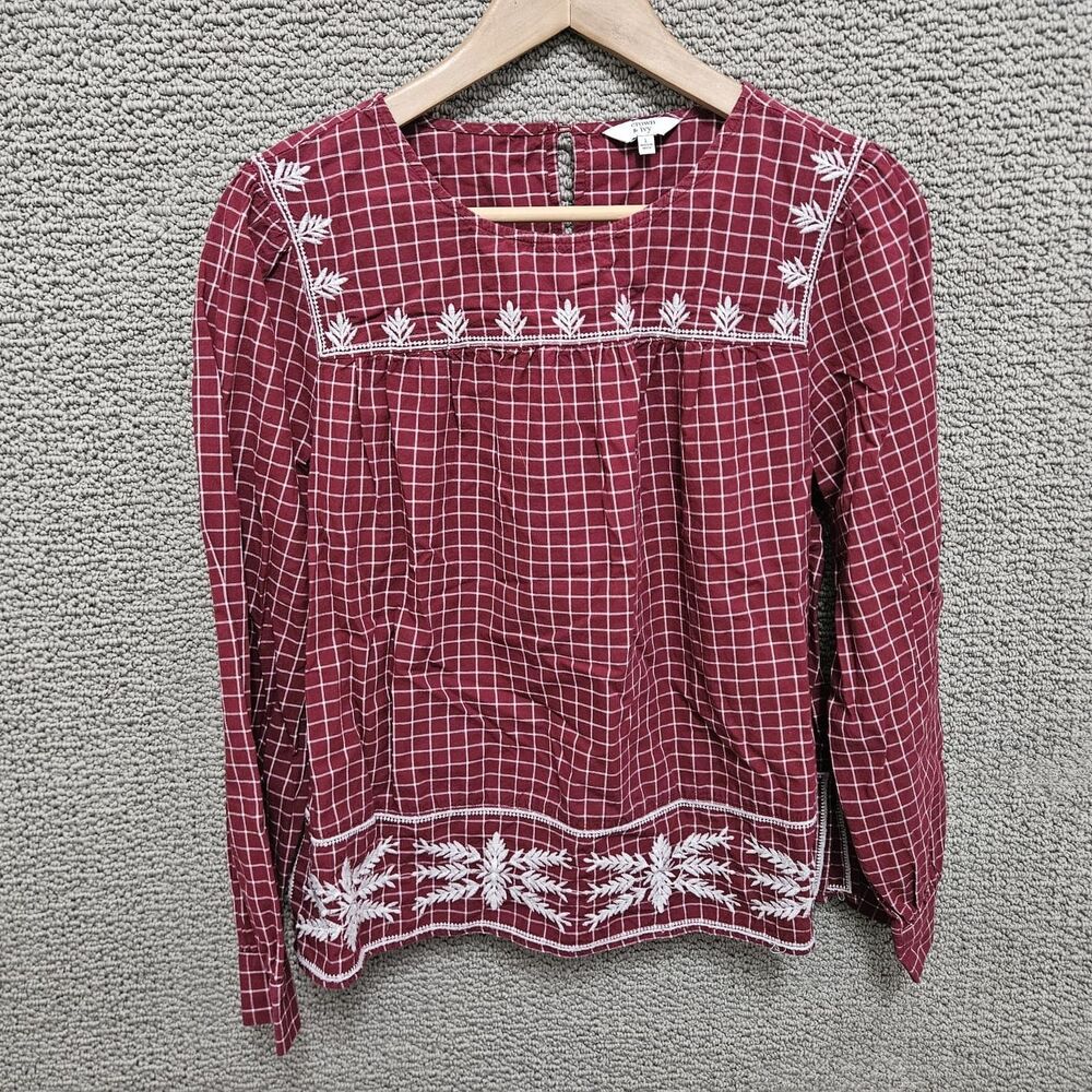 CROWN & IVY Women’s Boho Embroidered Plaid Top Burgundy Size L